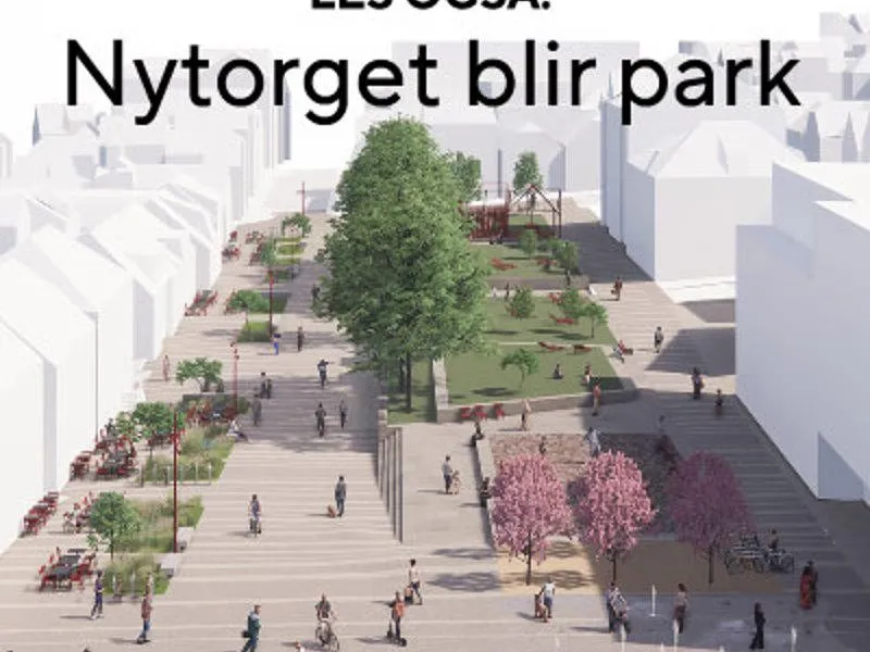 Skisse over park med tekst "Les også: Nytorget blir park".