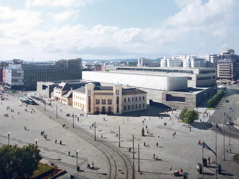 Oversiktsillustrasjon av det nye Nasjonalmuseet sommerstid