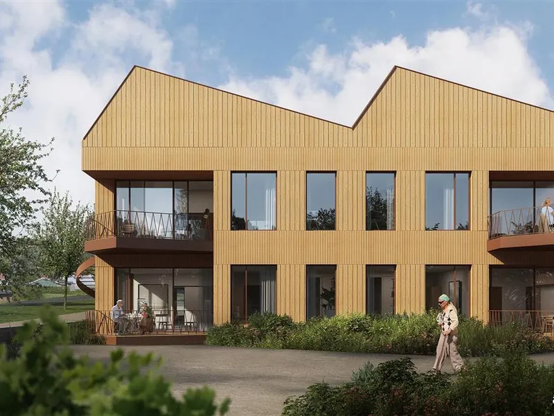 Arkitekttegnet illustrasjon av kommunens nye omsorgssenter. Illustrasjonsbilde: ASAS arkitektur - Klikk for stort bilde