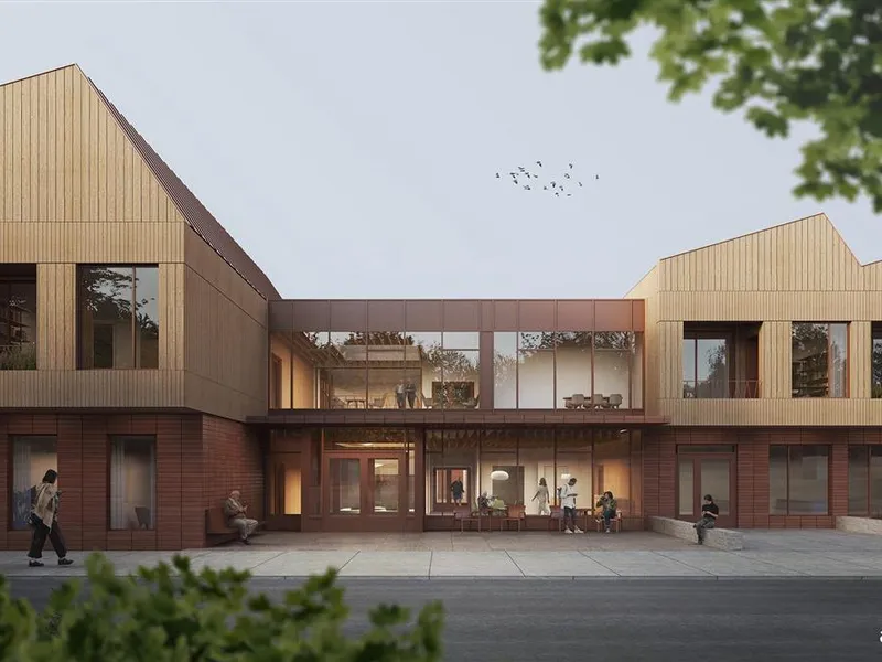Arkitekttegnet illustrasjon av omsorgssenterets felles hovedinngang. Illustrasjon: ASAS arkitektur - Klikk for stort bilde