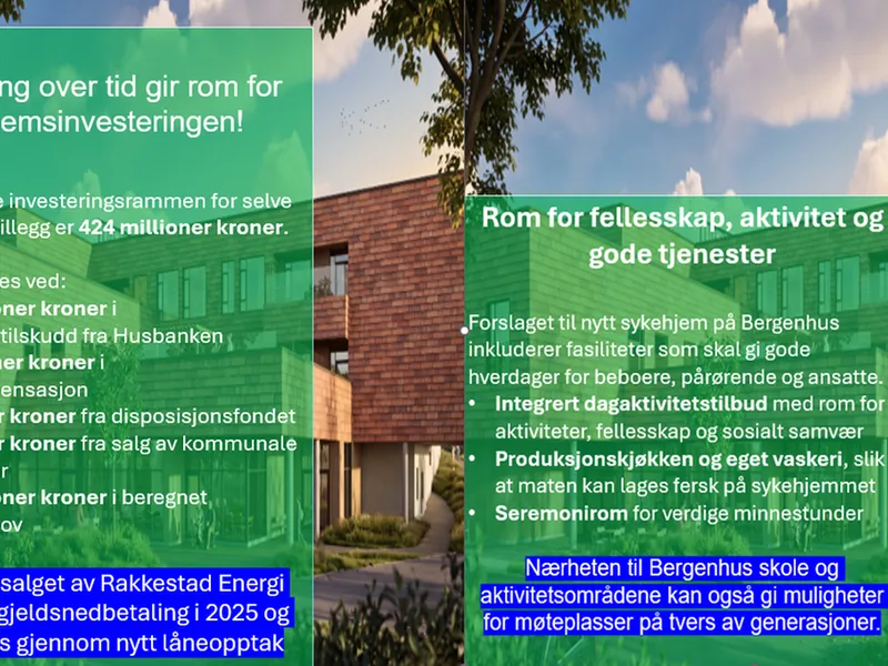 "God styring over tid gir rom for sykehjemsinvesteringen!" og informasjonsgrafikk med tekst og punkter.
