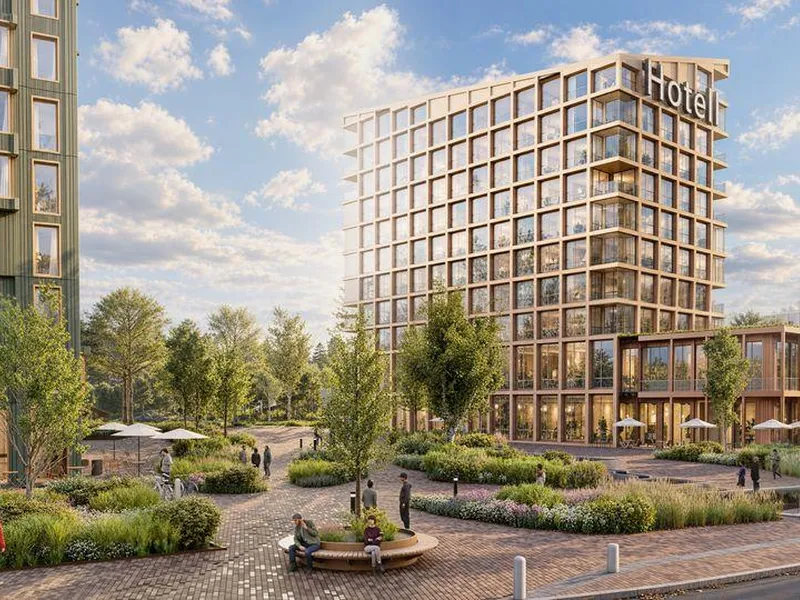 Moelven åpner for utvikling av nytt trekvartal ved Mjøssykehuset. Illustrasjon: Moelven