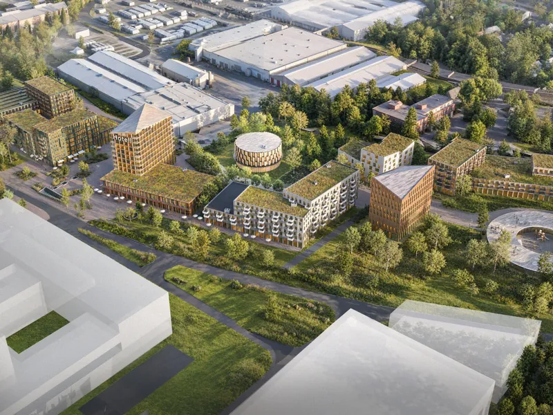 Moelven åpner for utvikling av nytt trekvartal ved Mjøssykehuset. Illustrasjon: Moelven.