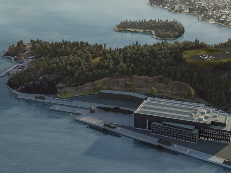 Forsvarsbygg etablerer bygg, anlegg og eiendom for nye ubåter på Haakonsvern. Illustrasjon: Forsvarsbygg