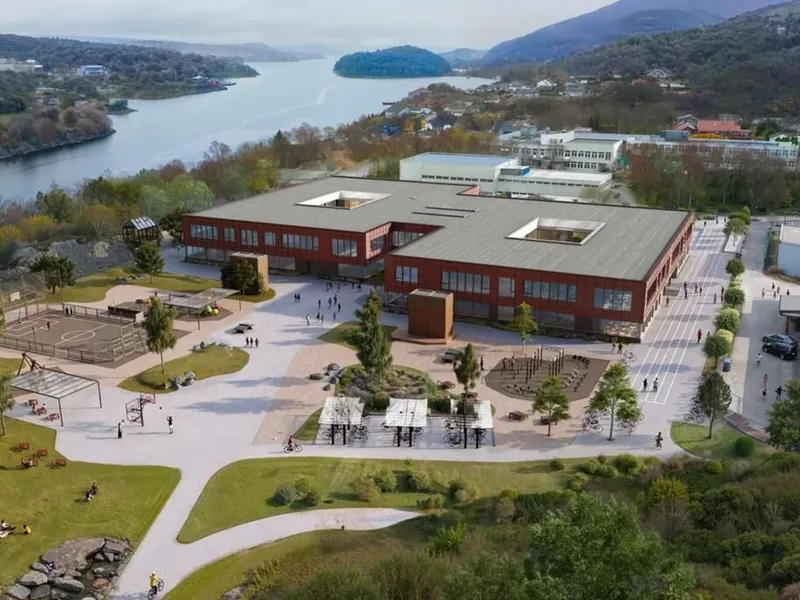 Slk skal den nye ungdomsskolen på Bildøy se ut. Illustrasjon: Øygarden kommune.