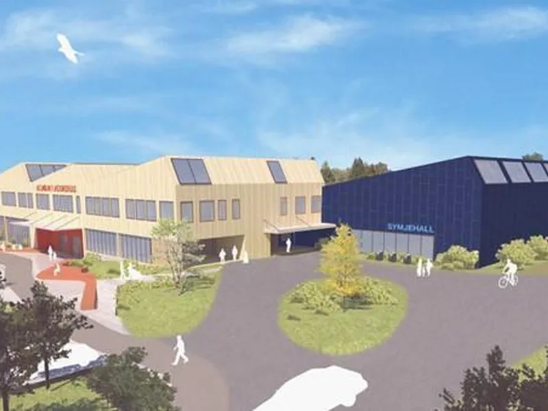 Illustrasjon frå nord - inngang skule og svømmehall - Klikk for stort bilete