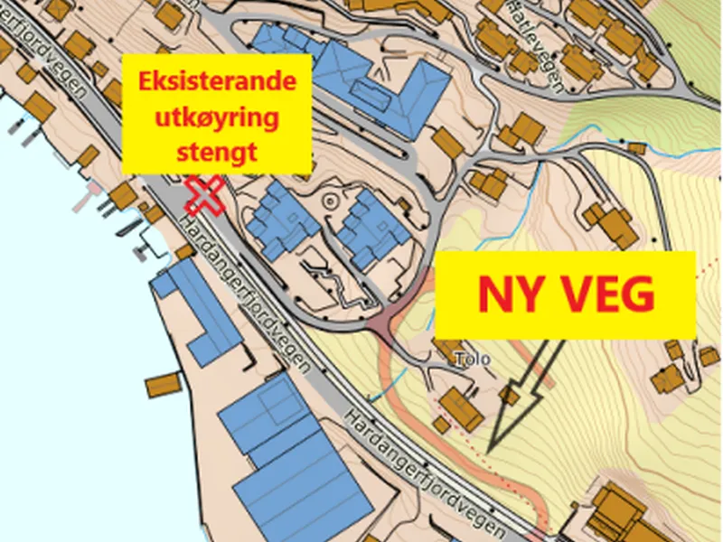 kartutsnitt med forklaring som syner endringa på veg - Klikk for stort bilete