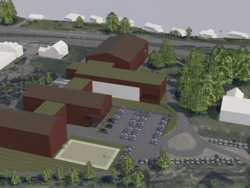 Fylkespolitikerne vedtok 18. desember hvor den nye videregående skolen i Holmestrand skal ligge. Illustrasjonen viser ny skole i Prestegårdsalléen. Ill. Forstudierapport / Vestfold fylkeskommune.