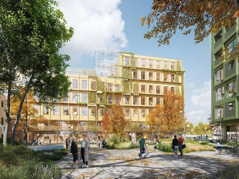 Den nye videregående skolen og det nye torget som skal bygges på Diakonhjemmet. Illustrasjon: Henning Larsen arkitekter..