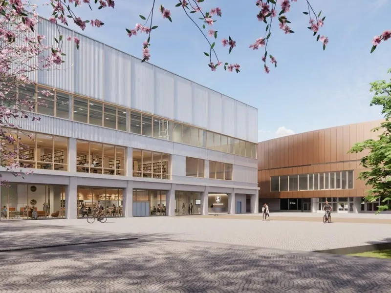 Bygg vest og forplass, Skole X på Værste i Fredrikstad. Illustrasjon fra skisseprosjekt: Asplan Viak.