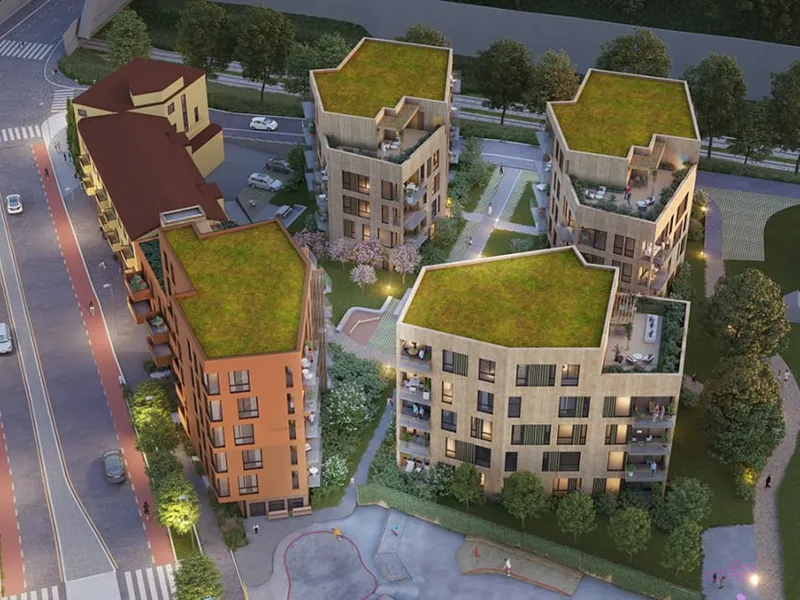 Illustrasjon av oversikt over leilighetsbygg i Waldemarhøyveien på kveldstid