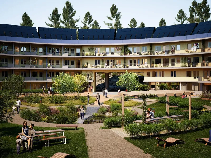 Solcellepaneler danner en krone på boligprosjektet Oen. Illustrasjon: Code Arkitektur.