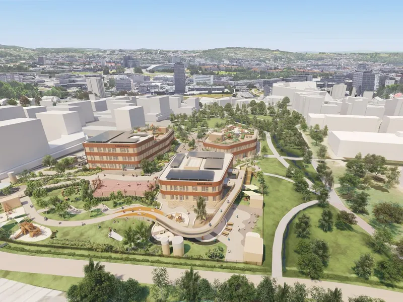 Økern ungdomsskole og flerbrukshall. Illustrasjon: L2 Arkitekter / Grindaker landskapsarkitekter