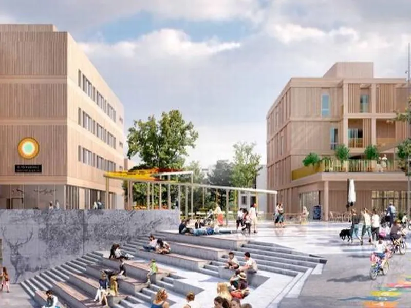 Bygninger rundt et torg og en trapp. Illustrasjon.