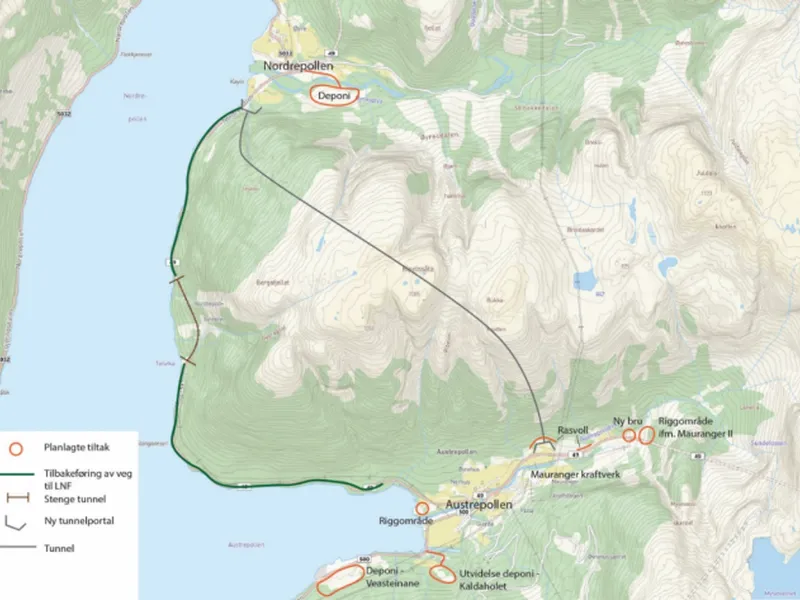 Kartutsnitt under viser tiltak som reguleringsplanen legg til rette for; tunnel, rigg- og deponiområde, samt tilbakeføring av eksisterande veg til LNRF-formål.