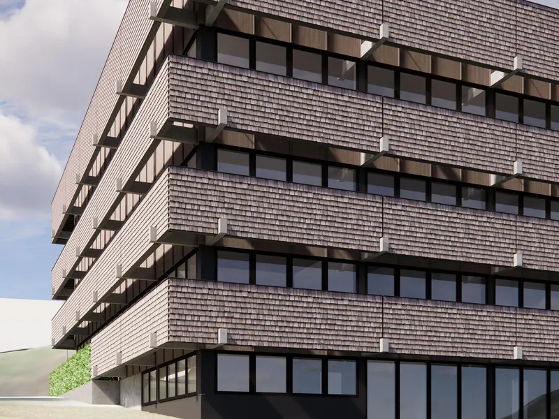 Eksteriør illustrasjon fasadeskjerm VEAS administrasjonsbygning