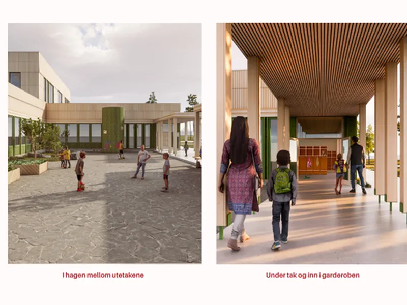 Skissetegning utsiden av en skole