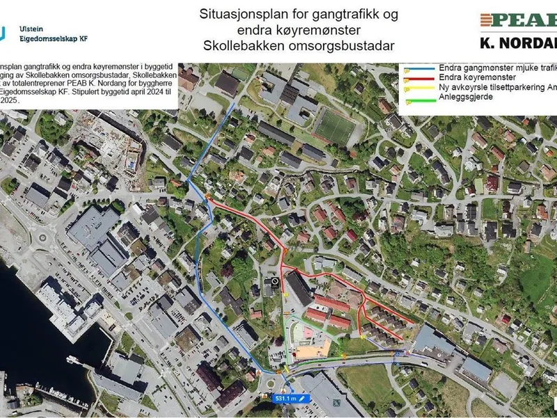 Bilde som viser endra gang- og køyremønster i samband med bygging av nye omsorgsbustadar i Skollebakken 1. - Klikk for stort bilete