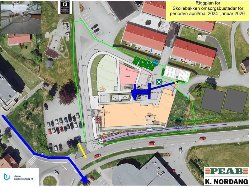 Riggplan i samband med bygging av nye omsorgsbustadar. Den grøne linja illustrerer anleggsgjerdet. Den gule linja viser ny avkøyrsle for tilsettparkeringa til Amfi. - Klikk for stort bilete