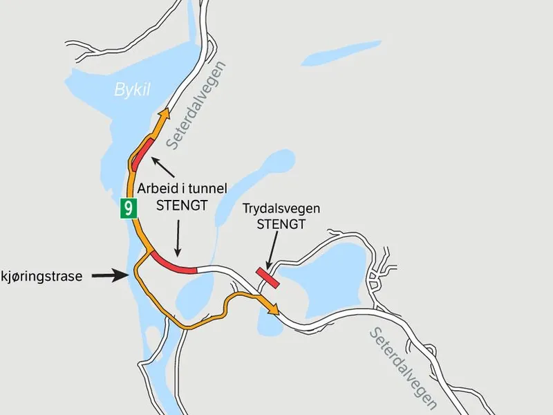 Medan arbeidet med dei to tunnelane Sandfjødd og Byklestigen langs rv. 9 går føre seg, er det omkøyring via Movegen (gamle riksvegen). Trafikken på omkøyringsvegen blir leidd av leiebil.