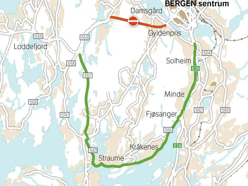 Foto viser oversikt over anbefalt omkjøringsrute  via Knappetunnelen, Straumeveien mot Krambua og ned Fjøsangervegen mot sentrum.