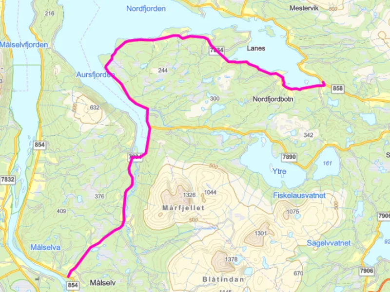 Kart som viser veistrekningen Minde-Nordfjordbotn