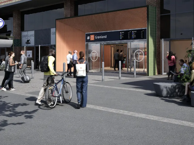 Den nye inngangen vil få direkte adkomst fra gateplan, og ifølge Sporveien bidra til en positiv byutvikling av Olafiagangen og Vaterland-området. Illustrasjon: Sporveien/ SAAHA arkitekter.