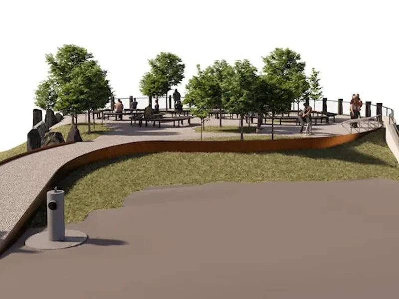 Måbø bru slik rasteplassen vil se ut etter oppgraderingen. Illustrasjon: 3RW arkitekter.