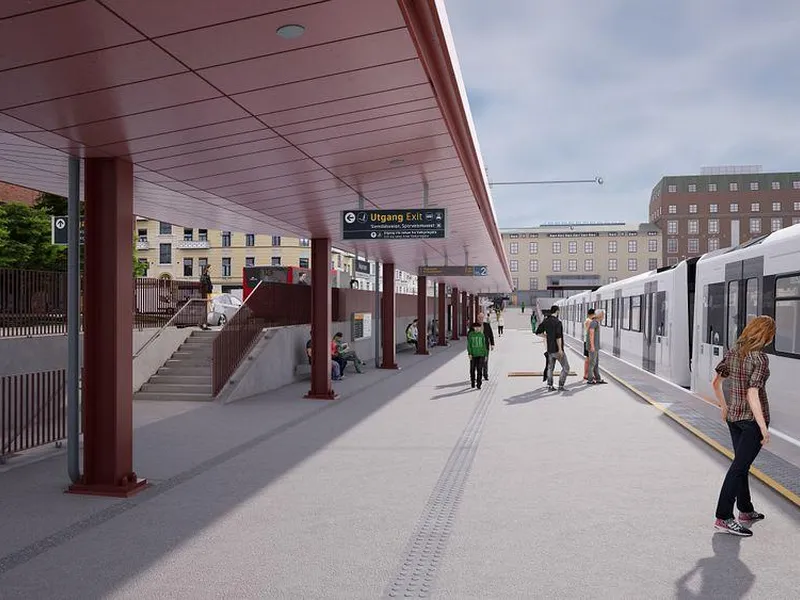 Oppgradert Majorstuen stasjon får rette og bredere plattformer, og nytt og større tak. Illustrasjon: Team Major