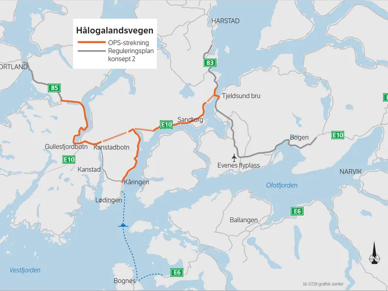 OPS-prosjektet E10/rv. 85 Tjeldsund–Gullesfjordbotn–Langvassbukt. Illustrasjon: Statens vegvesen.