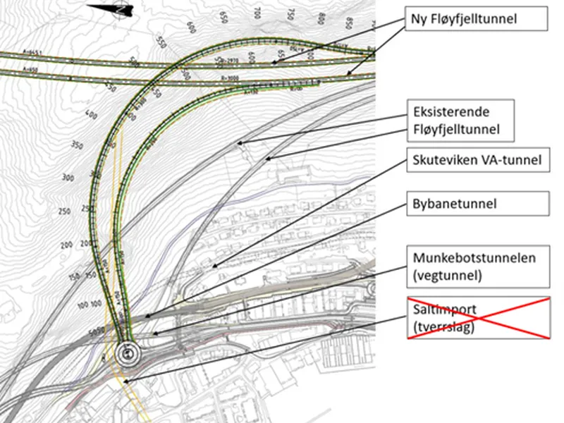 Kart over tunnelramper fra ny Fløyfjelltunnel
