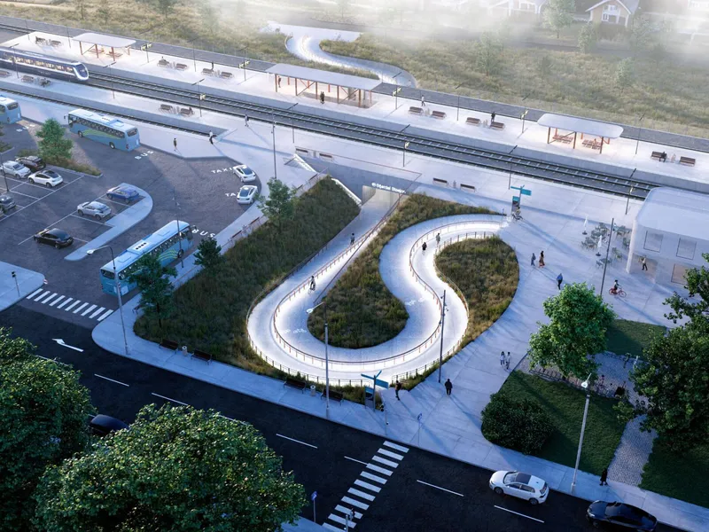 Slik blir Stjørdal stasjon når ombyggingen er ferdig høsten 2027. Ill: Arkitema.