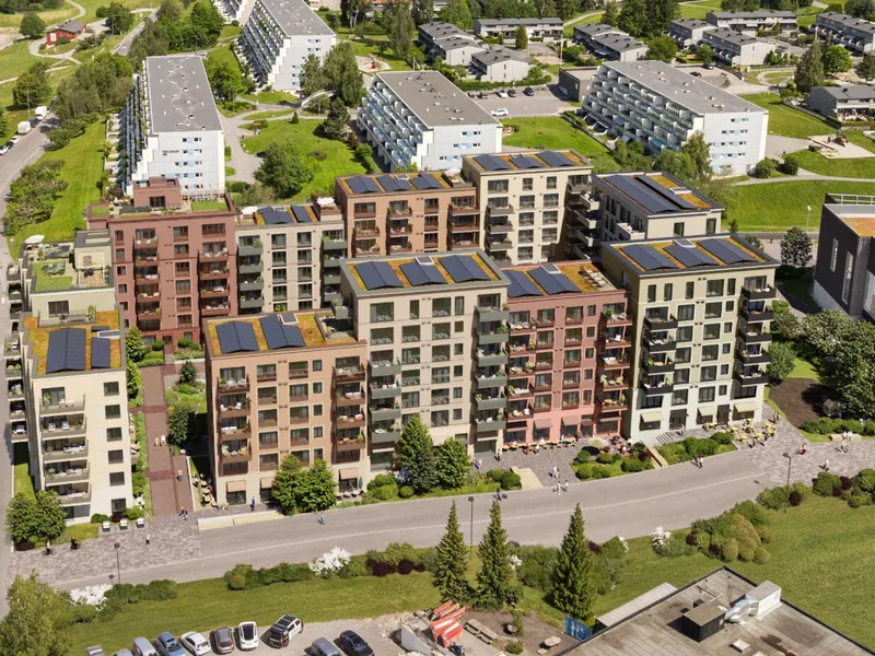 Fugleperspektiv av Stovner torg, hvor Norges første sirkulære boligprosjekt skal reise seg. Illustrasjon: Mad arkitekter.