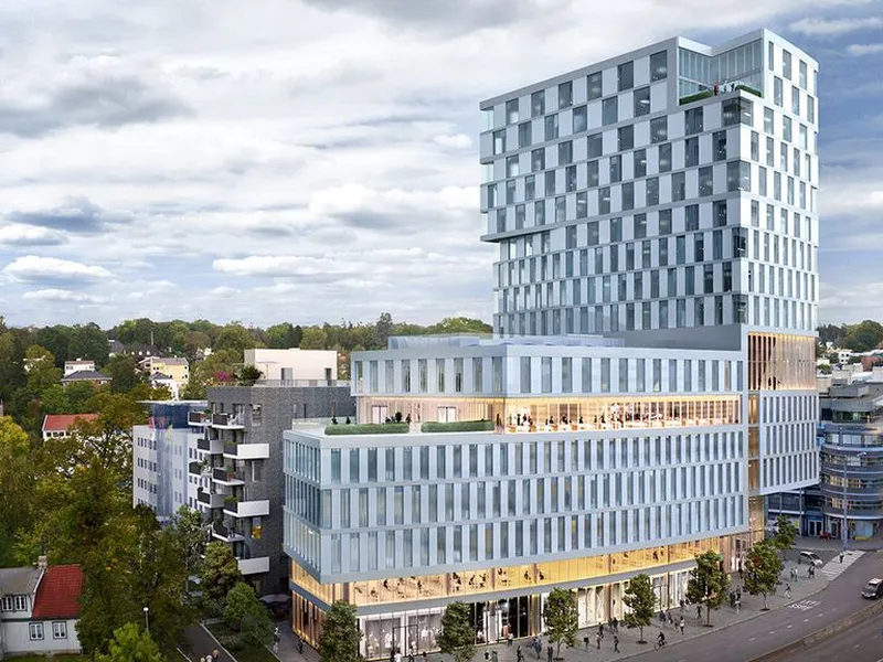 Solcellerekkverket Powerrail får plass i «Trappetrinnene» i i Orkla House. Render: Narud Stokke Wiig AS