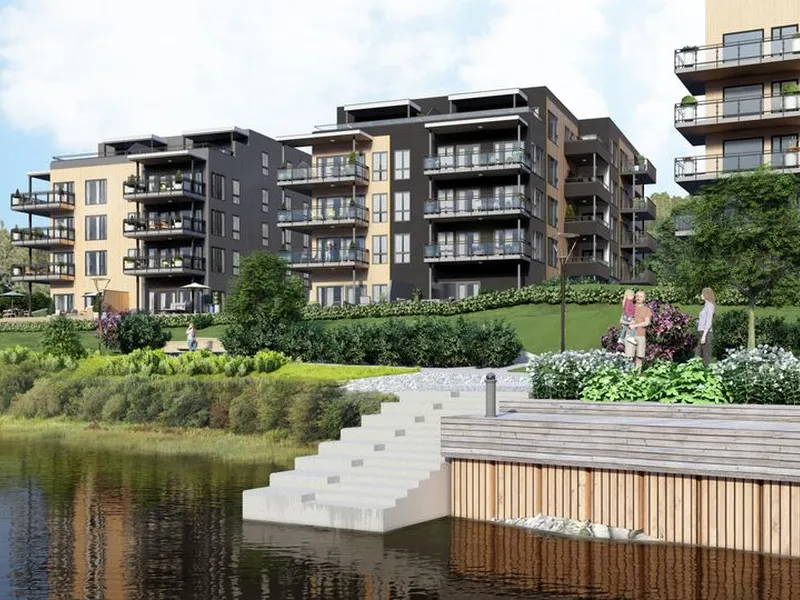 Ved elvebredden planlegges det blant annet en promenade, egen strand, hyggelige møteplasser og store, grønne lunger. Illustrasjon: PV arkitekter