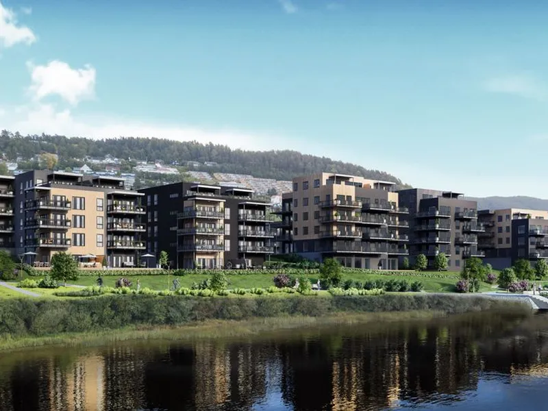 Første byggetrinn på Osebakken Park består av tre boligblokker med totalt 46 leiligheter. Illustrasjon: PV arkitekter