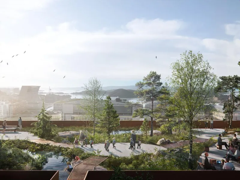 KLP har store planer for taket på det gamle brevsenteret.. Illustrasjon: Visulent AB