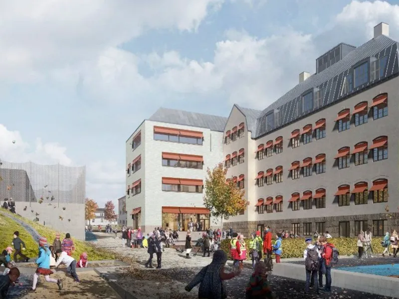 Nå kan Halden kommune skrive totalentreprisekontrakt med AF Gruppen for byggingen av Os skole og idrettsarena i sentrum av Halden. Illustrasjon: Asplan Viak.