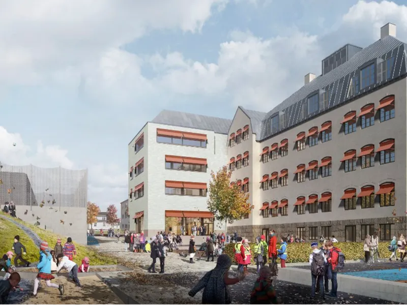AF Gruppen er innstilt av Halden kommune som totalentreprenør for Os skole og idrettsarena. Ill. Asplan Viak.
