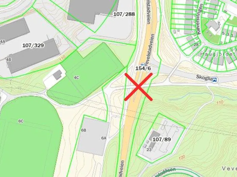 Kart hvor den ødelagte gangbroen på Langhus er