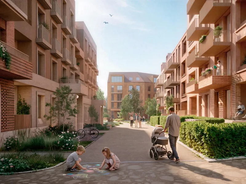 Slik vil det se ut når det nye boligområdet i «Parken» på Fornebu er etablert. Illustrasjoner: Lund + Slaato Arkitekter.
