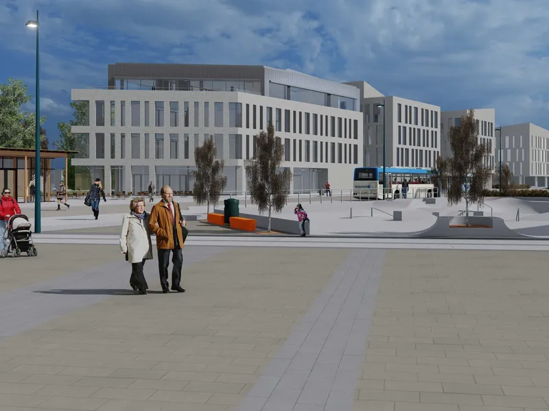 Torg og skatepark foran kontorbygget