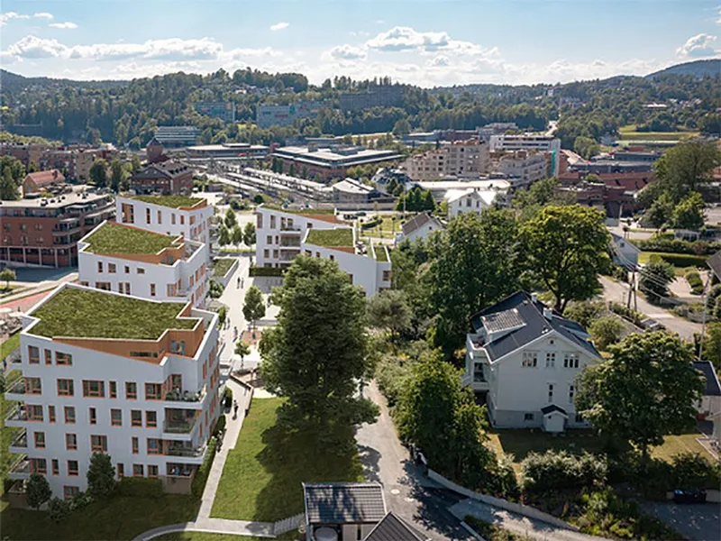 Ø.M. Fjeld Asker Entreprenør skal stå for byggingen av de 68 leilighetene i boligprosjektet Perlen Asker. Ill. 3dEstate/4B Arkitekter