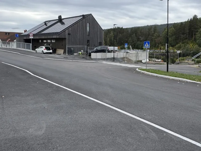 En vei fører forbi et mørkt trehus med parkerte biler, omgitt av skogkledd landskap og en skyet himmel.