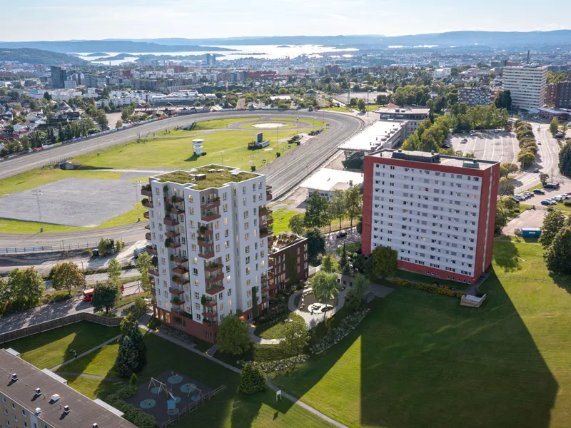 Pilar Bjerke er lokalisert nord i Hovinbyen, ved Bjerke travbane. Prosjektet er tegnet av A-Lab arkitekter.. Illustrasjon: A-Lab arkitekter.
