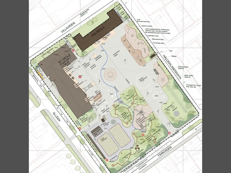 Situasjonsplan som viser skolebygg og skolegård ved nye Frydenlund skole - Klikk for stort bilde