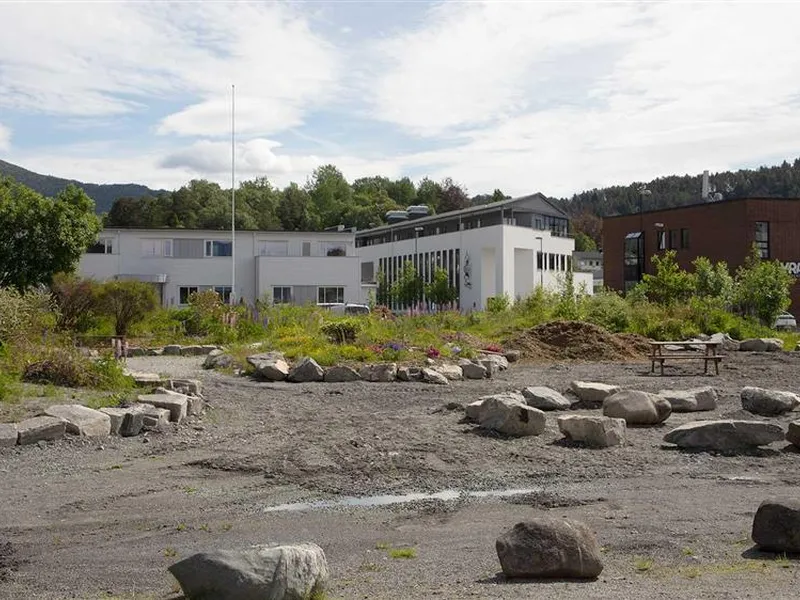 Grus, steiner, blomster og benk - Klikk for stort bilete