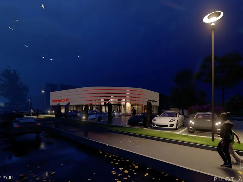 HTB (Helgesen Tekniske Bygg) skal bygge nytt og miljøvennlig Porsche Center Bergen. Målet er å bygge Norges flotteste bilforretning. Ill. Pilot Arkitekter.