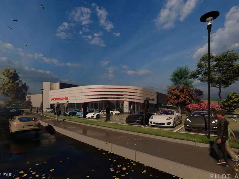 HTB (Helgesen Tekniske Bygg) skal bygge nytt og miljøvennlig Porsche Center Bergen. Målet er å bygge Norges flotteste bilforretning. Ill. Pilot Arkitekter.