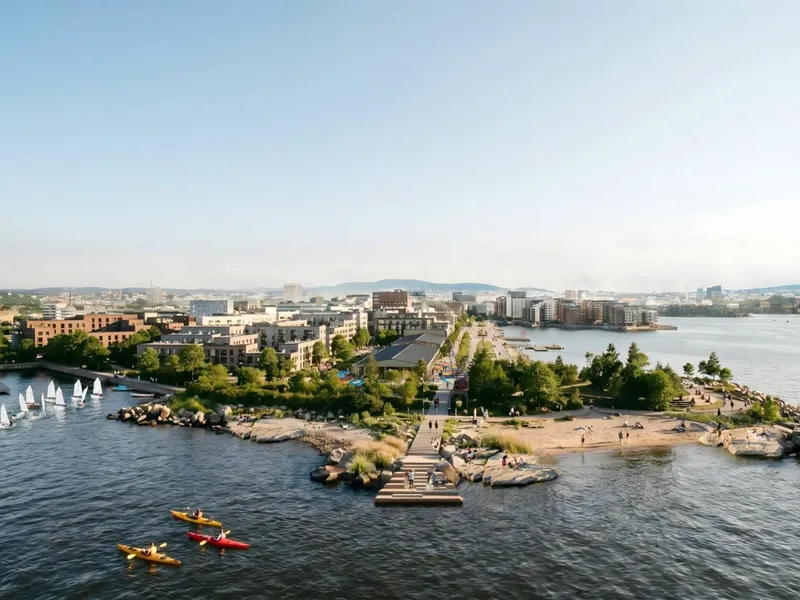 Slik ser vinnerteamet for seg at den nye parken på Filipstad kan bli. Illustrasjon Lala Tøyen, Jaja Arkitekter, Ekanger Fantini Arkitekter, Bærekraft og Økologi og Jon Benjamin Tallerås..
